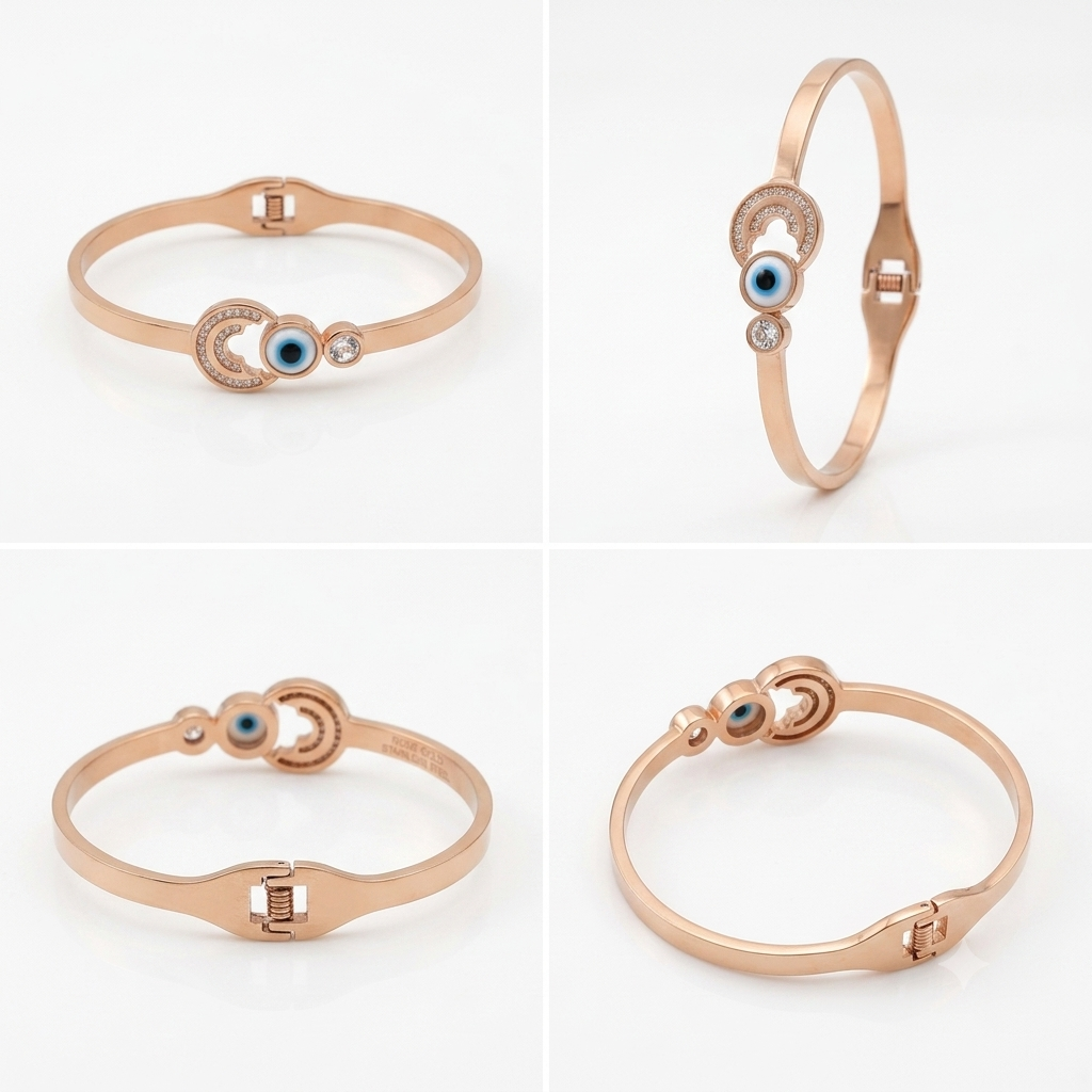Chic Rose Gold Evil Eye and Crescent Moon Bangle Bracelet