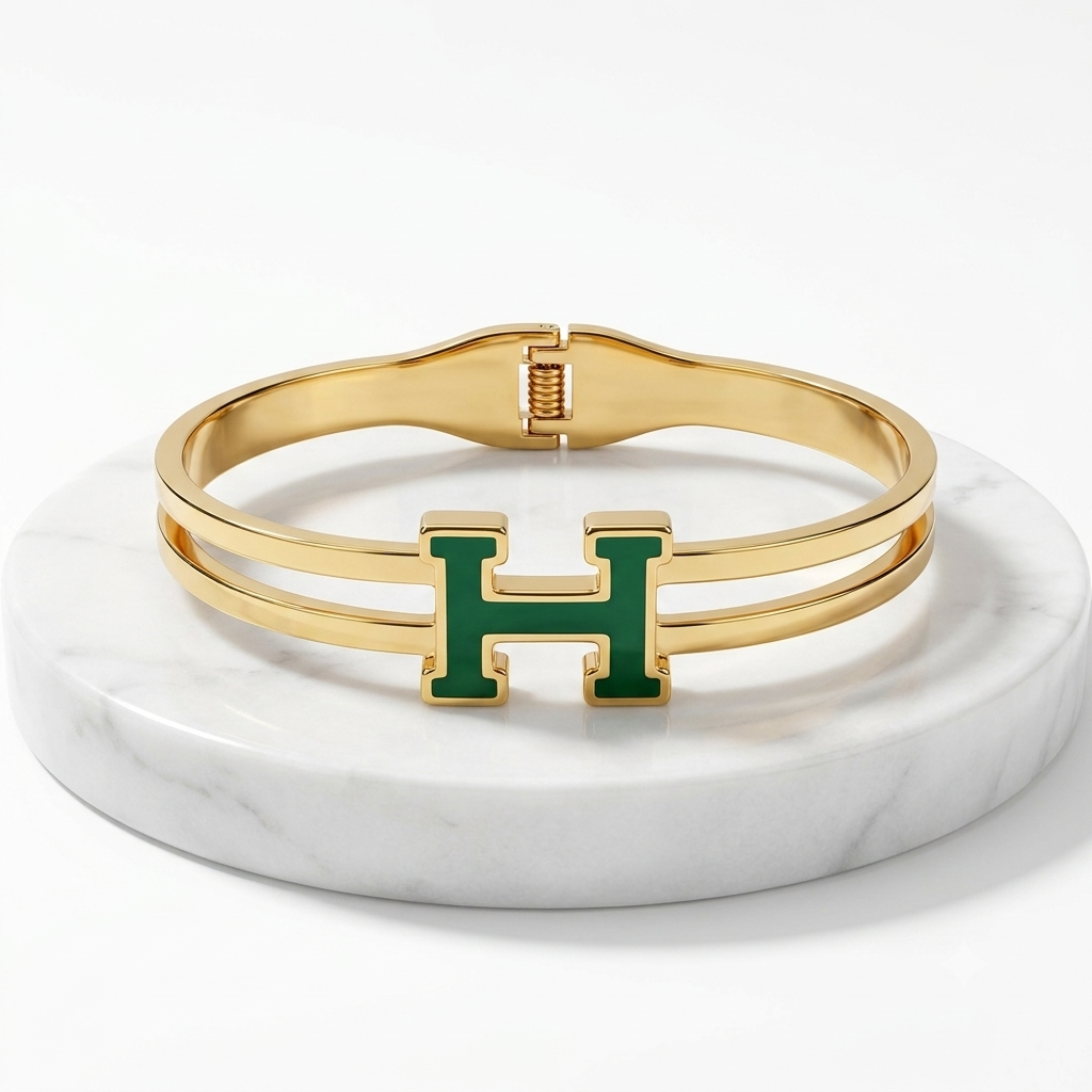 Elegant Double-Band "H" Motif Gold-Tone Bangle Bracelet
