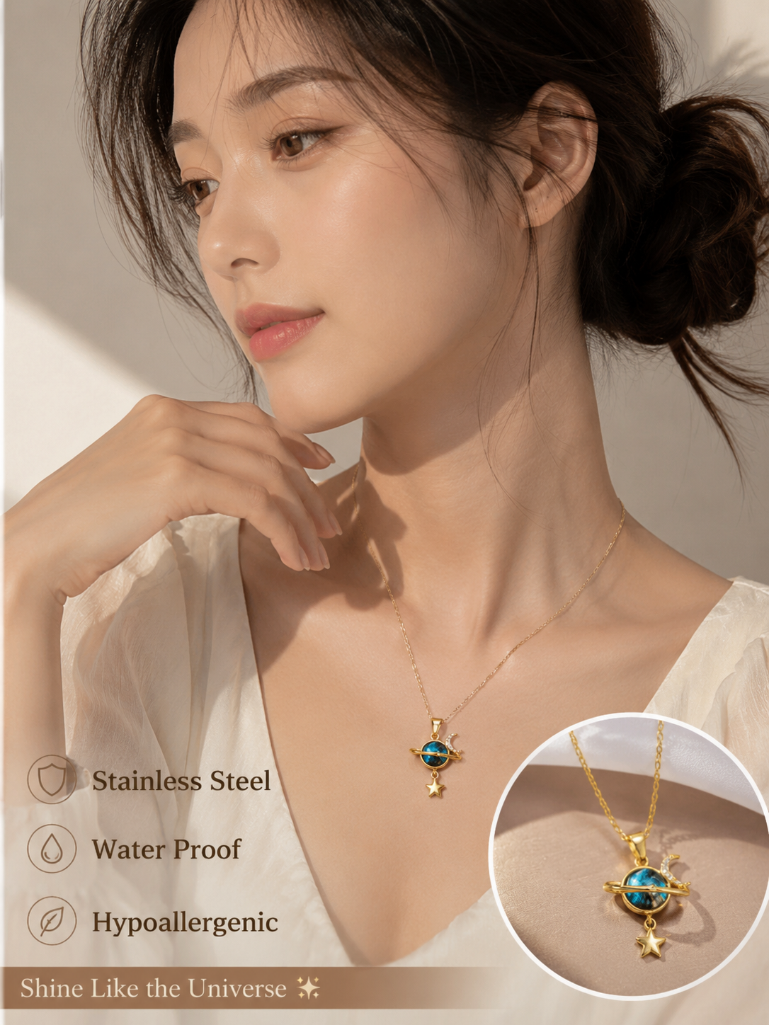 🌟 Gold-Plated Cosmic Planet & Star Pendant Necklace