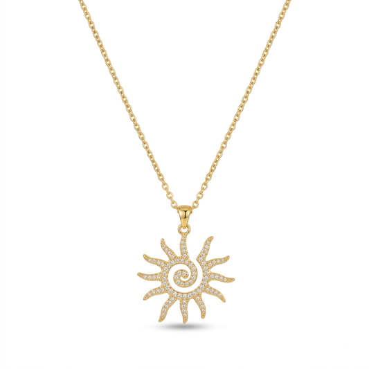 Gold-Plated Sunburst Spiral CZ Pendant Necklace