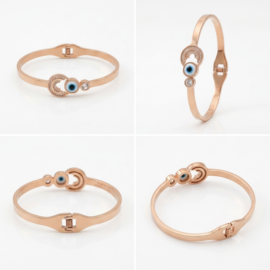Chic Rose Gold Evil Eye and Crescent Moon Bangle Bracelet