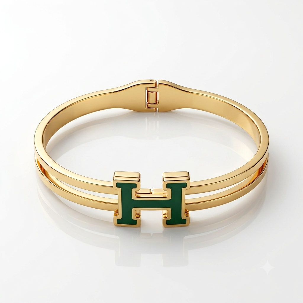 Elegant Double-Band "H" Motif Gold-Tone Bangle Bracelet