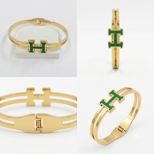Elegant Double-Band "H" Motif Gold-Tone Bangle Bracelet