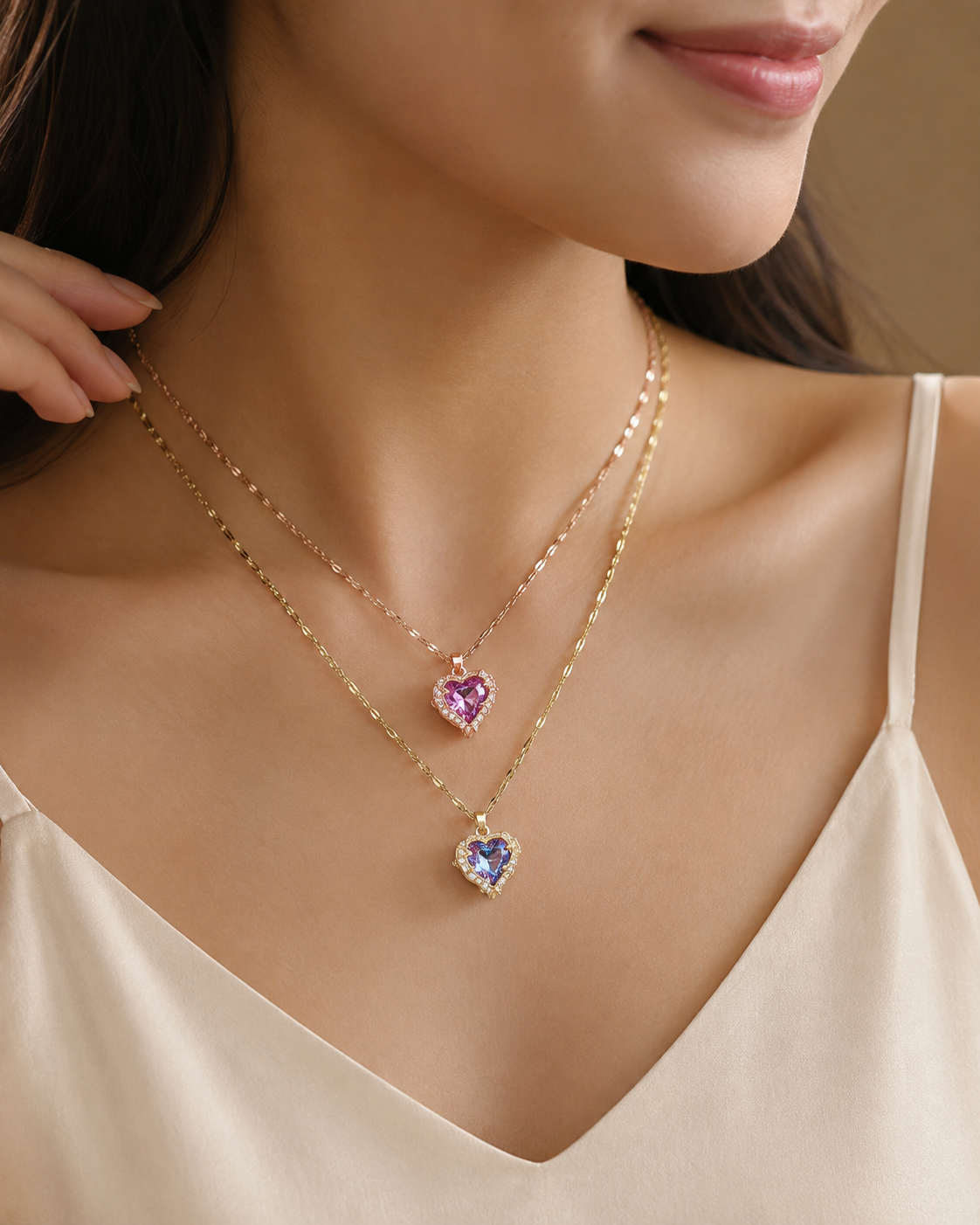 Heart Crystal Layered Necklace – Premium Sparkling Pendant Jewellery