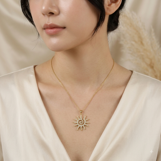 Gold-Plated Sunburst Spiral CZ Pendant Necklace