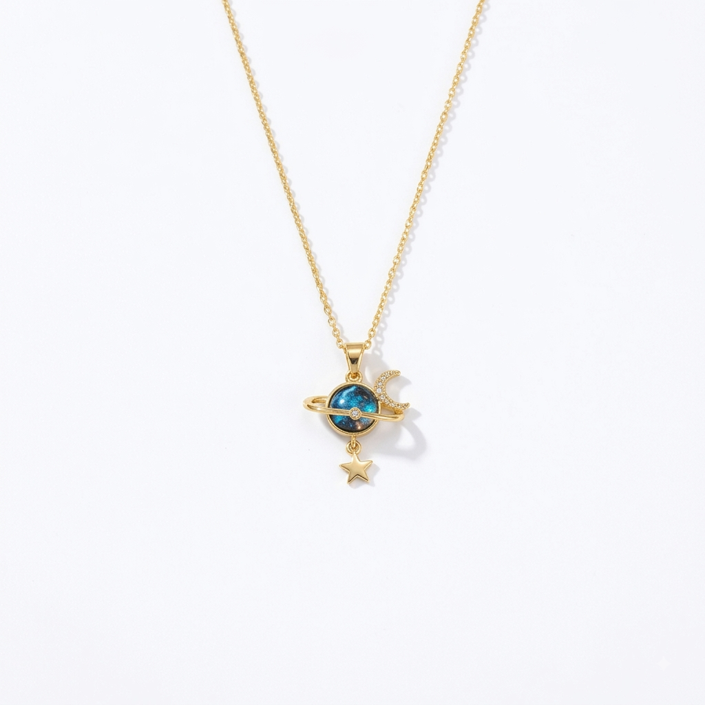 🌟 Gold-Plated Cosmic Planet & Star Pendant Necklace