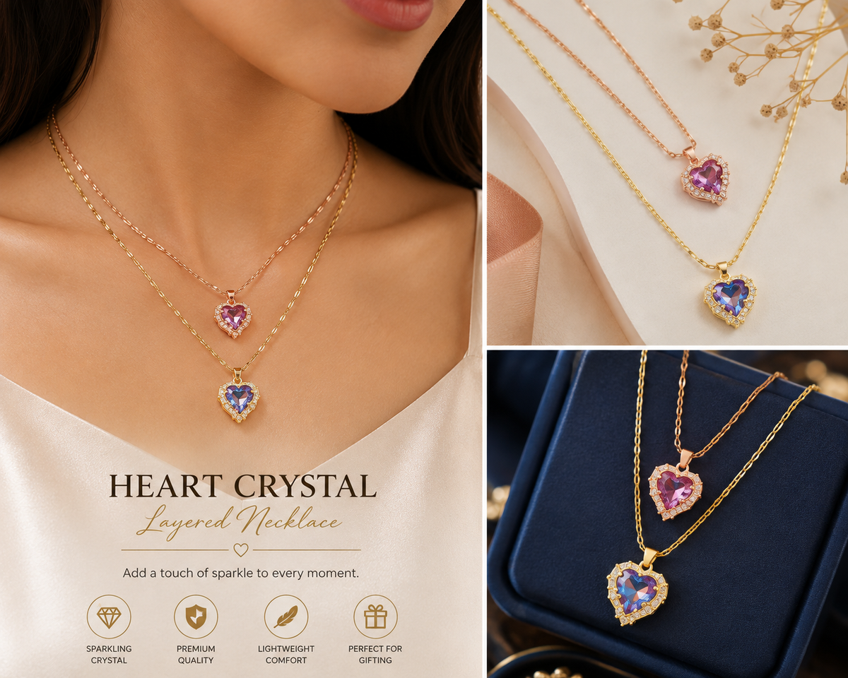 Heart Crystal Layered Necklace – Premium Sparkling Pendant Jewellery