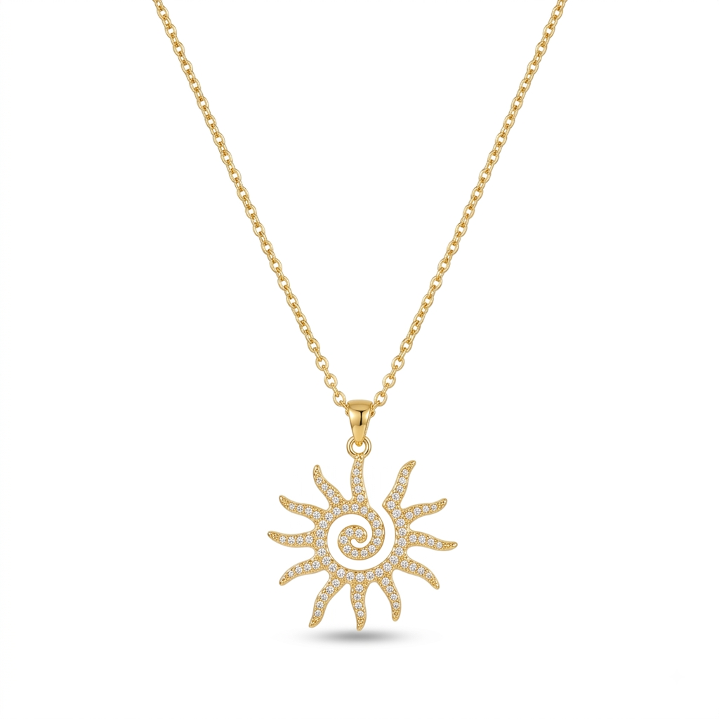 Gold-Plated Sunburst Spiral CZ Pendant Necklace