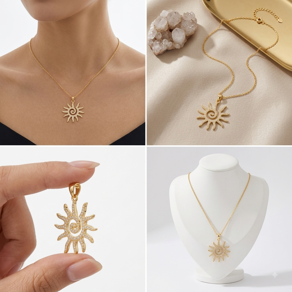 Gold-Plated Sunburst Spiral CZ Pendant Necklace